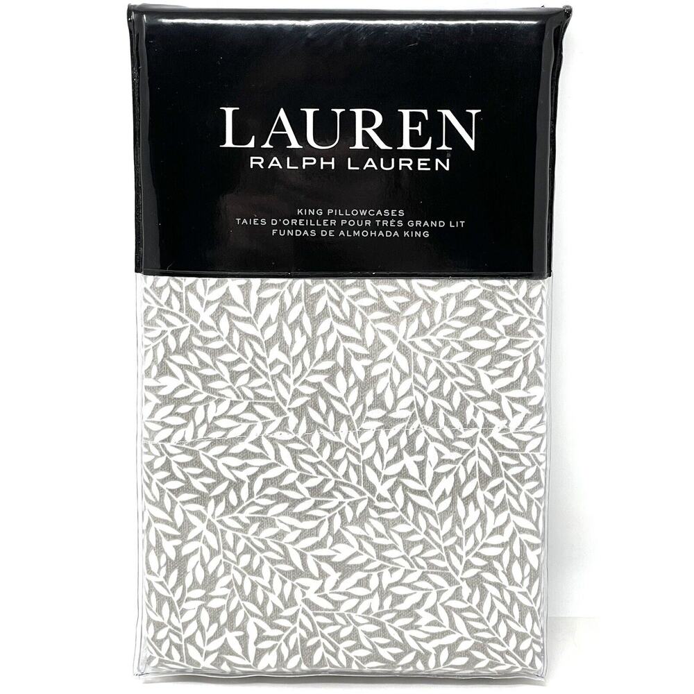 Ralph Lauren Spencer Leaf Sateen King Pillowcases Stone Grey Gray 2 NWT Set